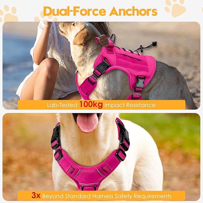 Heavy-Duty Tactical Dog Harness for Large Dogs, No Pull Adjustable Reflective Pet Vest with Molle System, K9 Military-Grade Control for Service Training, Outdoor & 10+ Breeds, Hot Pink, XX-Large-Mewly Pet