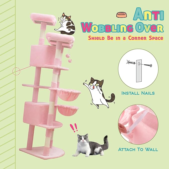SHA CERLIN 73in Fan-Shaped Corner Cat Tower for Save Space/Multi-Level Tall Cat Tree for Indoor Kitties/Condo with Baskets/Cozy Perches/Sisal Scratching Posts/Pet Activity House/Pink-Mewly Pet
