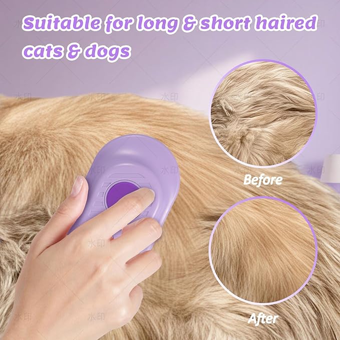 4 in 1 Cat & Dog Steam Brush Kit with 2 Comb Heads - Rechargeable Grooming Brush for Long/Short Hair Shedding, Anti-Static Steam Spray & Foldable Handle, Pet Spa Cleaning Tool (Purple)-Mewly Pet