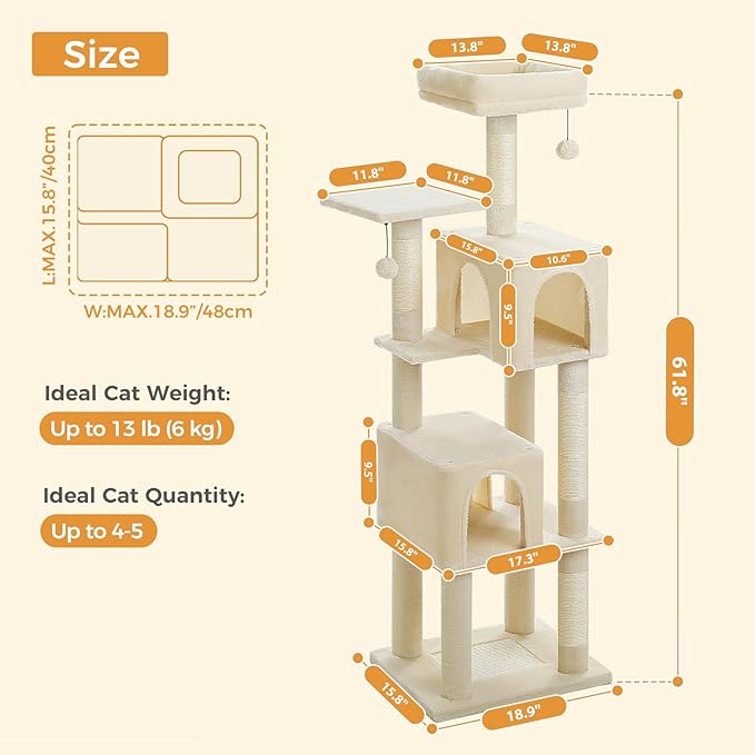 Cat Tree for Indoor Cats, Multi-Level Cat Tower with Sisal Scratching Posts, Padded Platform, Multi-Level Cat Condo w/Soft Bed & Scratching Pad, 2 Pompoms, Sturdy Base, Beige-Mewly Pet