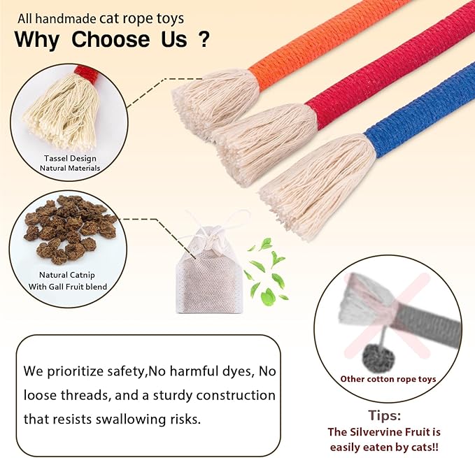 Retro Shaw Cat Toys Chew Ropes, Catnip Rope Toys for Indoor Cats Kitten, Safe Cat String Kitten Chew Teething Toy Kitty Nip Kicker - Pack of 3, 23.6 Inches-Mewly Pet