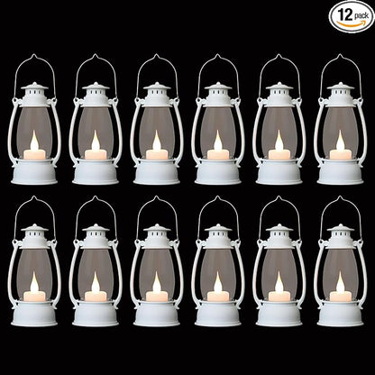 12Pcs Mini White Lanterns for Western Halloween Christmas – 6Inch Candle Lanterns with Flickering LED, Wedding Centerpiece Table Decorations, Camping Decor & Hanging Ornaments for Rustic Party