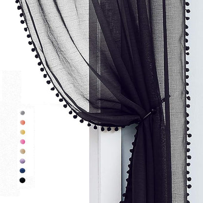 Treatmentex Pom-pom Sheer Black Curtains for Living Room 84 inches Length Modern Window Curtain Panels for Kids Room Drapes 1 Pair Rod Pocket