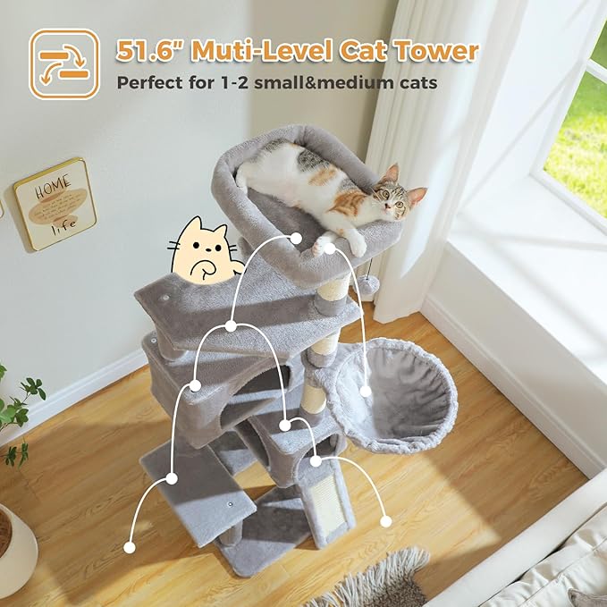 PAWZ Road Cat Tree, 51.6 Inches Cat Tower with Dual Condos, Spacious Perch, Cozy Basket and Sisal-Covered Scratching Posts for Indoor Cats- Gray-Mewly Pet