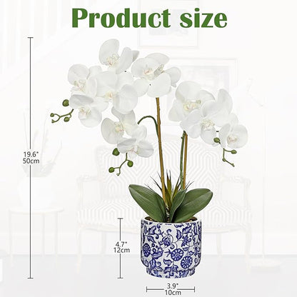 Briful Orchid Artificial Flowers 19.6in White Orchid Silk Floral Arrangement with Blue and White Ceramic Pot Fake Orchid Plant for Home Office Dining Room Table Centerpiece Decor
