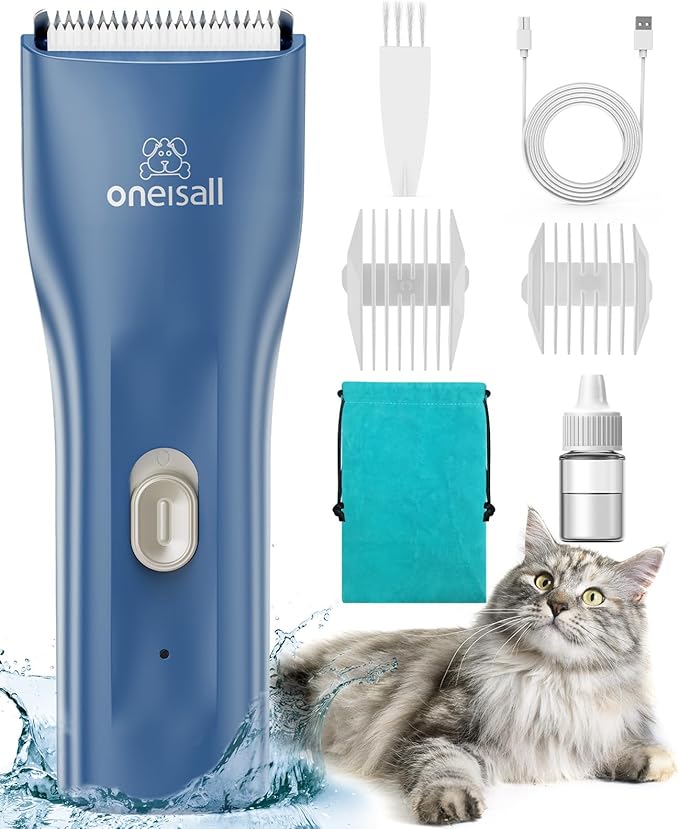 oneisall Pet Clipper for Cat Matted Hair, Pet Shaver for Cats Quiet Pet Clippers Waterproof Cordless Cat Clippers for Matted Hair Long Hair with Storage Bag (Blue)-Mewly Pet