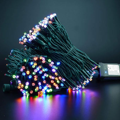 YULETIME 100 ft 300 Count Multicolor LED String Lights with 8 Models Adapter, Green Wire Wide Angle 5mm Christmas Lights (Multicolor - Green Wire)