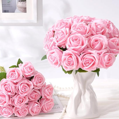 BLEUM CADE 50 Pcs Pink Roses Artificial Flowers, Real Touch Velvet Roses Fake Flowers Bulk, Artificial Roses Bouquet with Long Stems Bridal DIY Wedding Party Centerpiece Decorations