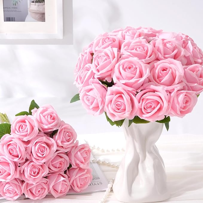 BLEUM CADE 100 Pcs Pink Roses Artificial Flowers, Real Touch Velvet Roses Fake Flowers Bulk, Artificial Roses Bouquet with Long Stems Bridal DIY Wedding Party Centerpiece Decorations