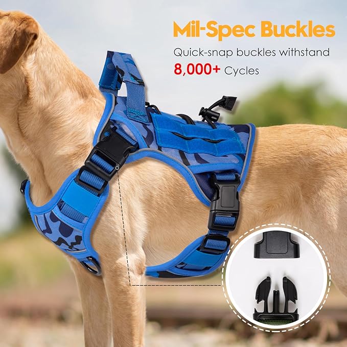 Heavy-Duty Tactical Dog Harness for Large Dogs, No Pull Adjustable Reflective Pet Vest with Molle System, K9 Military-Grade Control for Service Training, Outdoor & 10+ Breeds, Blue Camo, Small-Mewly Pet