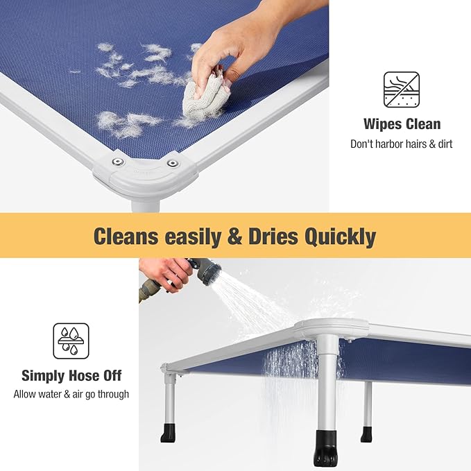 Veehoo Chew Proof Elevated Dog Bed - Cooling Raised Pet Cot - Silver Aluminum Frame and Durable Textilene Mesh Fabric, Unique Designed No-Slip Feet for Indoor or Outdoor Use, Blue, Medium, CWC2003-Mewly Pet