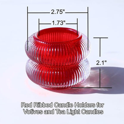 Woho Ribbed Glass Votive Candle Holders Set of 6, Red Tealight Candle Holder for Wedding Table Decor, Vintage Tea Lights Candle Holder for Christmas/Valentines Day Decorations (Red, 2.1" H X 2.75" D)
