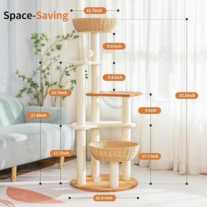 Modern Cat Tree Tower,Hand-Woven Ma Teng cat nest, Sisal-Covered Scratching Posts for Indoor Cats, Multi-Level Cat Condo with Space Capsule Nest, Tall Cat Tree for Multiple Large Cats-Mewly Pet