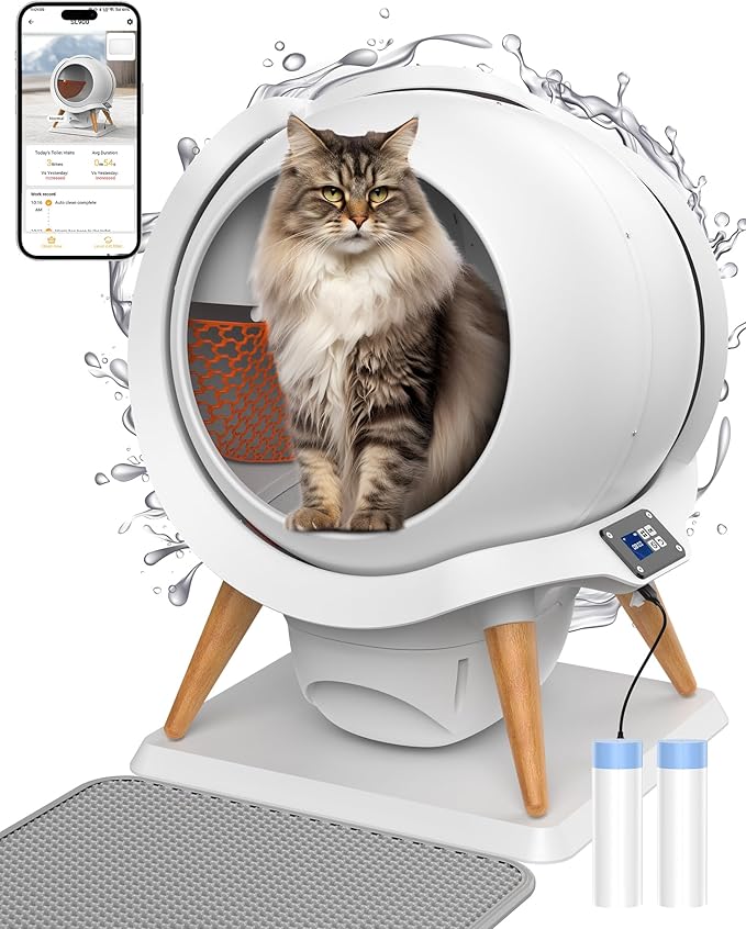 HoneyGuaridan Self Cleaning Cat Litter Box,IPX5 Waterproof Automatic Cat Litter Box,App Control, Odourless, Integrated Safety Protection, Water Rinsable and Easy to Clean, for Multiple Cats (3-33lb)-Mewly Pet