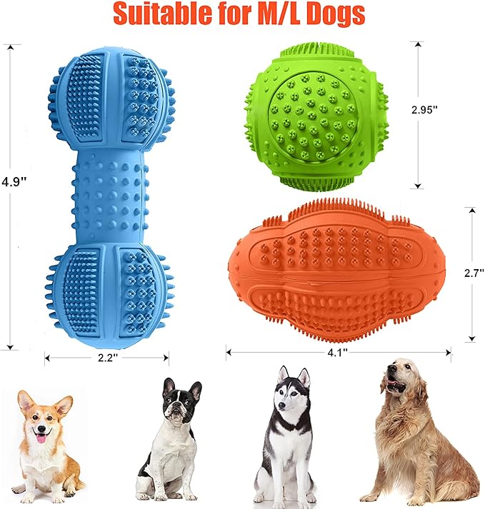 LUKITO Dog Chew Toys 3 Pack for Aggressive Chewers, Multifunctional Teeth Cleaning and Gum Massage, Tough Toys with Natural Rubber for Large and Medium Dog-Mewly Pet