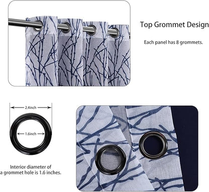 BONZER Mix and Match Curtains - 2 Pieces Branch Print Sheer Curtains and 2 Pieces Blackout Curtains for Bedroom Living Room Grommet Window Drapes, 54x95 Inch/Panel, Indigo, Set of 4 Panels