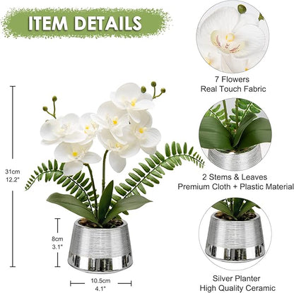 White Orchids Artificial Flowers in Silver Pot Faux Phaleanopsis Orchid Bonsia Fake Orchid Centerpiece for Dining Room Table
