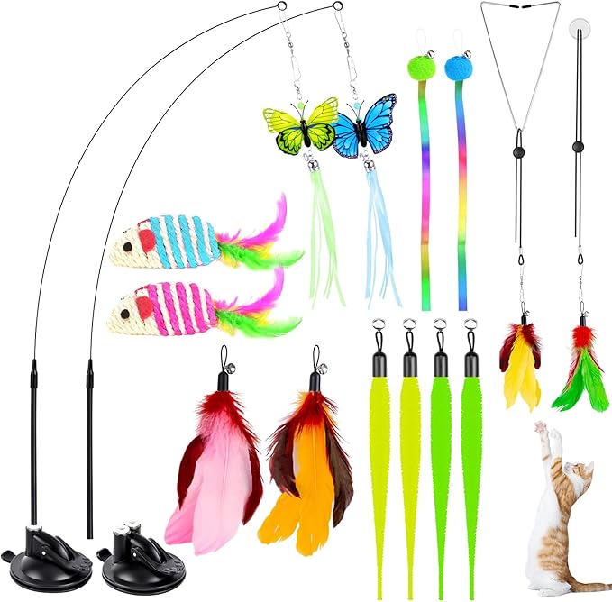 HONGDDY Cat Toys, 14Pcs 4 in 1 Indoor Adult Cat Interactive Toys, Hanging Door Kitten Wand with Suction Cup Removable Feathers Balls Mice Butterfly Streamers-Mewly Pet