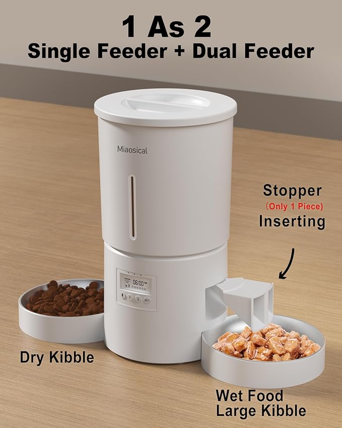 Dual Automatic Cat Feeder 2 Cats,6 Meals/Day,12 Portions/Meal,4.2L Dual Power Double Bowls Feeder,Dry Food Auto Pet Dispenser,10S Voice Record,Flexible Schedule Timer(White,Stainless Dual Bowls)-Mewly Pet