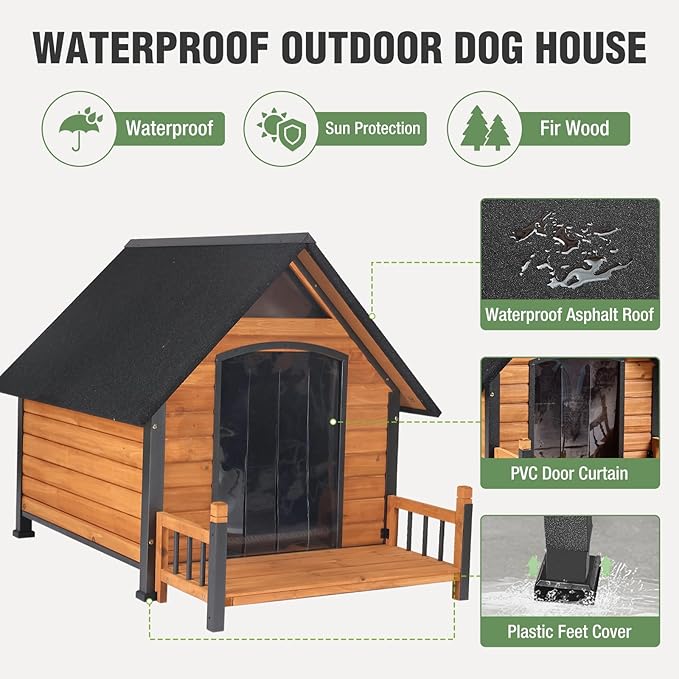 Large Dog House Outdoor Weatherproof Dog Kennel with Anti-Chewing Iron Frame, Dog Shelter for Large Breed with Porch (Brown, 50.9" D x 37.4" W x 37.2" H)-Mewly Pet