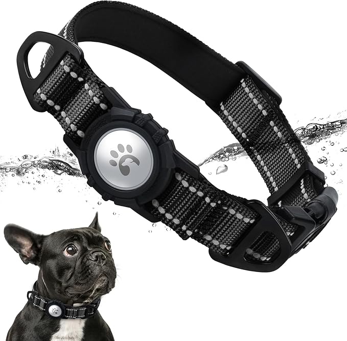TagME Airtag Dog Collar,Waterproof Reflective Pet Collar with Airtag Holder,Soft Padded and Double D-Rings for Puppy,Black-Mewly Pet