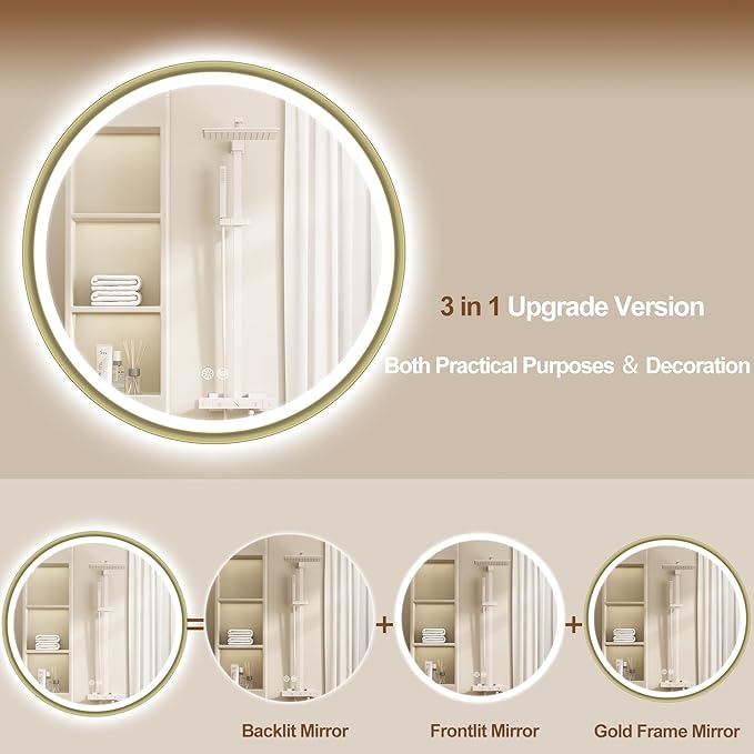 S'bagno 24'' Round Gold LED Mirror for Bathroom with Frontlit & Backlit, LED Vanity Mirror with Metal Frame, Anti-Fog, Stepless Dimmable, 3 Colors Temperature