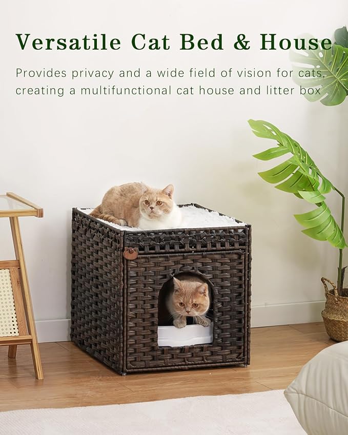 Cat Beds for Indoor Cats Extra Large Double Cat Cave Pet Cube, Handwoven Rattan Cat Houses with Double-Sided Soft Cushions, 18.5 x 20.5 x 19.1 Inches Foldable Hideaway in Living Room Brown-Mewly Pet