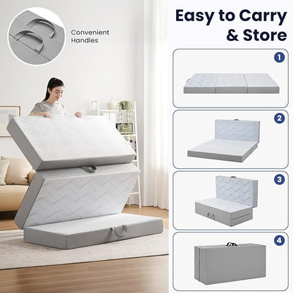 Foldable Mattress Cot 4 inch -Portable White Memory Foam Folding Matress with Washable Cover for Camping Travel Guest Room Home Use-Non-Slip&Easy Storage