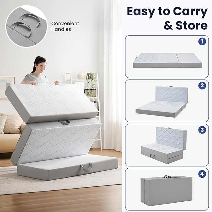 Foldable Mattress Single 4 inch -Portable White Memory Foam Folding Matress with Washable Cover for Camping Travel Guest Room Home Use-Non-Slip&Easy Storage