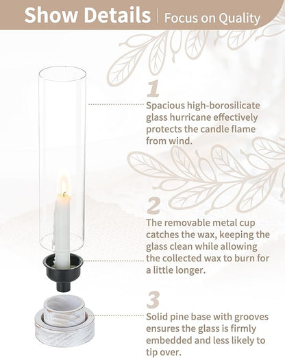 NUPTIO Dripless Candlestick Holders with Wax Catchers: Set of 2 Hurricane Glass Candle Holders with Metal Bobeches for Easier Reuse - White Wood Farmhouse Home Decor for Christmas Fireplace