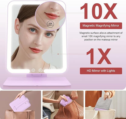 Gospire Travel Makeup Mirror with Lights and Magnification 10X, Portable Make Up Compact Tabletop Cosmetic with Adjustable Stand, 3 Colored Light Rechargeable LED Vanity Mirror - Purple