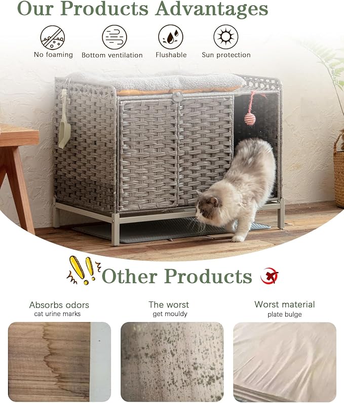 Cat Litter Box Enclosure Furniture with Divider, Handwoven Rattan Litter Box with Mat, 31.2 x 19.6 x 24.2 Inches, Metal Heightened Feet, Hidden Cat House for Living Room, Bedroom (Gray)-Mewly Pet