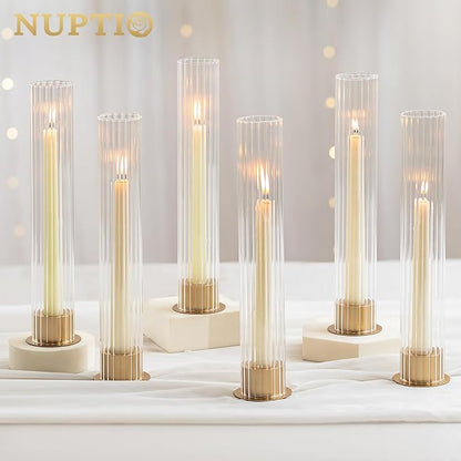 NUPTIO Hurricane Candle Holder for Centerpiece: Set of 10 Metal Taper Candle Holders with Fluted Glass Cylinders - Gold Candlestick Holders Bulk for Outdoor Party Dinner Wedding Table Decoration