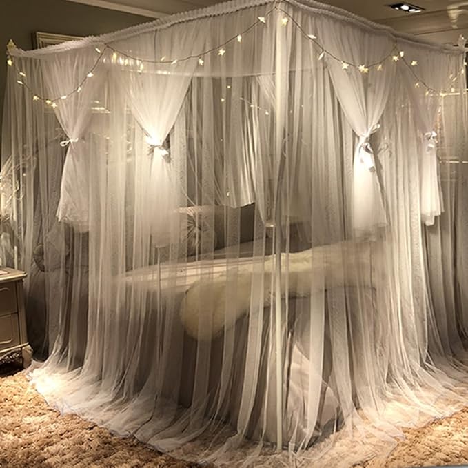Joyreap 4 Corners Post Canopy Bed Curtain for Girls & Adults - Royal Luxurious Cozy Drapes - Cute Princess Bedroom Decoration Accessories (White, Full/Queen)