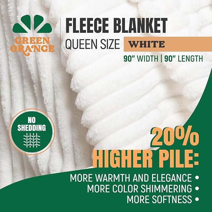 GO Premium Comfort Queen Blanket for Couch & Bed - Soft White Fleece for Living Room, Bedroom - Home Decor - 90x90 Inches