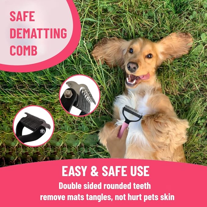 Dog Grooming Kit - Deshedding Brush for Short Hair, Slicker Brush, Flea Comb, Puppy Brush Set in Pink-Mewly Pet