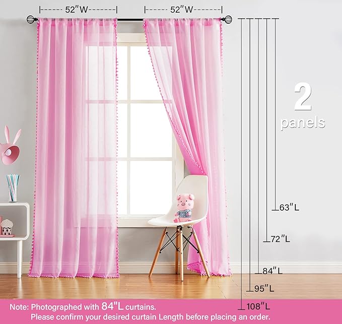 Treatmentex Pom-Pom Sheer Curtains for Girl's Room Linen Textured Pink Sheer Window Drapes for Bedroom 52" w x 63" L, 2Panels, Red, Rod Pocket