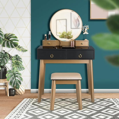 CHARMAID Vanity Desk with Lighted Mirror, Black Makeup Vanity Table with 4 Storage Drawers, 3 Lighting Modes, Solid Wood Legs, Modern Dressing Table with Vanity Stool for Small Bedroom