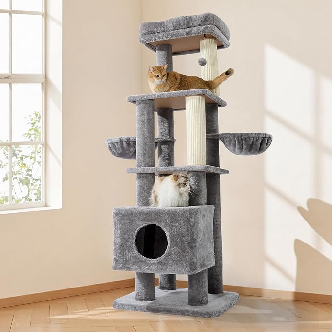 Gardner Pet 65in Heavy Duty Cat Tree Tower for Large Cats, Multi-Level Cat Furniture with Replaceable Sisal Scratching Post, Hammock | Extra-Large Platform & Condo (Upgraded Grey)-Mewly Pet