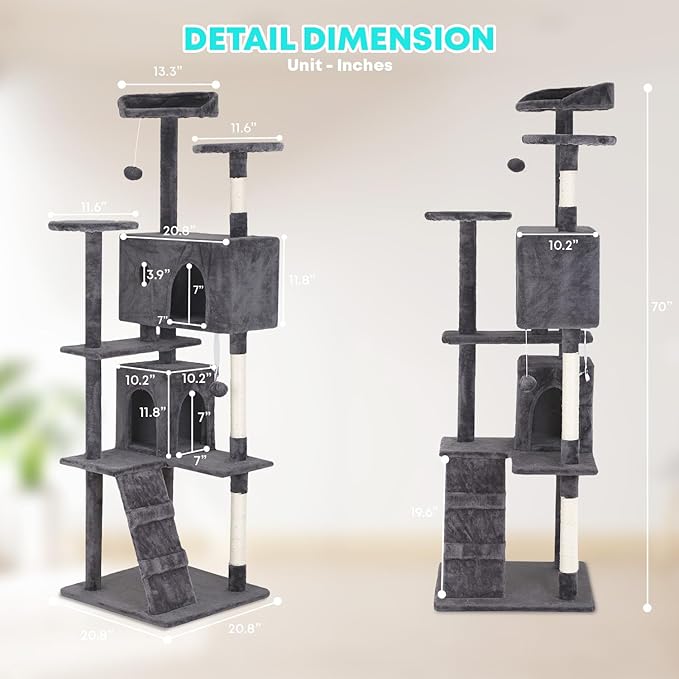 FDW Cat Tree 70in Cat Tower Multi-Level Durable Cat Scratching Post & Cozy Fun Cat Jumping Platform Space Saving Cat Condo Pet Play House for Indoor Cats,Light Gray-Mewly Pet
