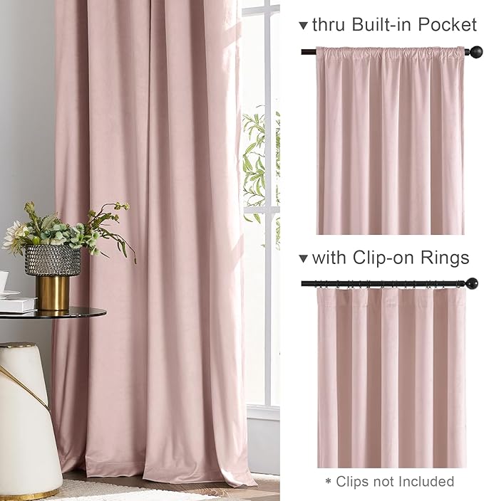 Lazzzy Velvet Blackout Curtains Thermal Insulated Room Window Drapes Super Soft Luxury Curtains for Living Room Bedroom Rod Pocket 2 Panels, Dusty Pink, 52" W x 102" L