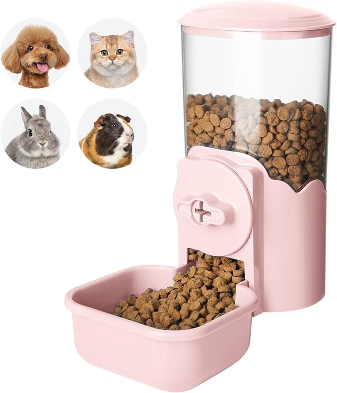 VANNON Small Animal Hanging Automatic Food Dispenser, 35oz Gravity Pet Feeder for Cage, Food Bowl for Rabbit Puppy Cat Ferret Guinea Pig Chinchilla Parrot (Pink)-Mewly Pet