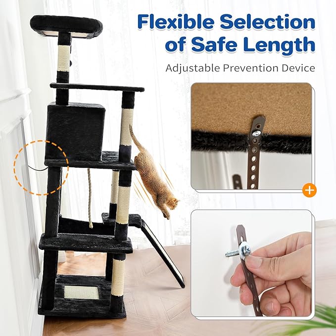 Cat Tree Tower 63in Multi-Level Cat Tower for Indoor Cats with Sisal Scratching Posts, Condo, Hammock, Dangling Ball and Extended Platform for Cats to Play, Black-Mewly Pet