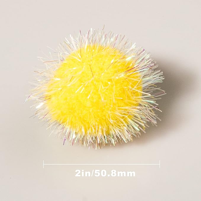 VAPKER 30 Pcs Cat Ball Toys Sparkle Balls Extra Large 2 Inch Cat's Favorite Chase Glitter Ball Glitter Tinsel Pom Poms Balls Yellow Color-Mewly Pet