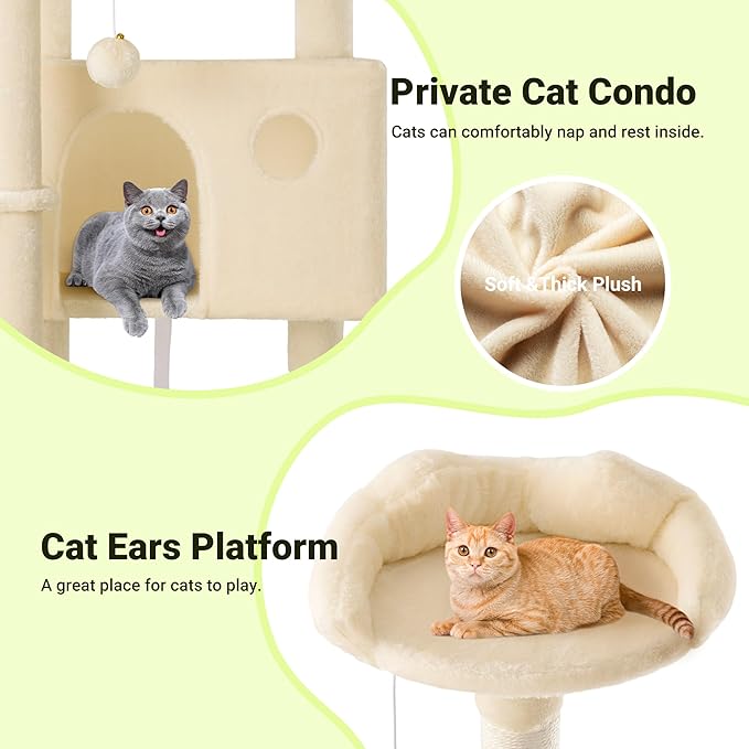 Allewie 64 Inches Cat Tree Tower/Multi-Level Activity Center for Indoor Big Felines/2 Plush Condos/2 Perchs/Basket/House/Sisal Scratching Posts/Hanging Cat Toys/Beige-Mewly Pet