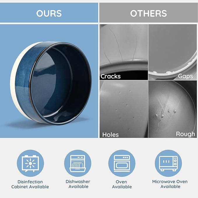 SPUNKYJUNKY Ceramic Dog and Cat Bowl Set with Wooden Stand, Modern Cute Weighted Food Water Bowl Set for Small Size Dogs (1.7 Cups, 2 × Pattern Blue)-Mewly Pet