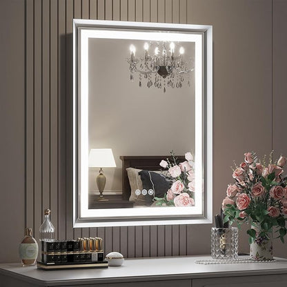 LED Bathroom Mirror, 24“x32“ Lighted Bathroom Mirror with Metal Framed, Extremely Bright LED Mirror for Bathroom, 3 Colors Dimmable, Anti-Fog, Memory, Wall Mounted Lighted Vanity Mirror