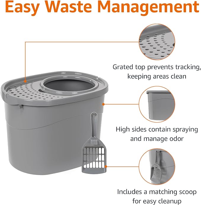 Amazon Basics Large Cat Litter Box with High Sides, Top Entry, Includes Scoop, 20.5 x 14.75 x 14.38 inches, Grey-Mewly Pet