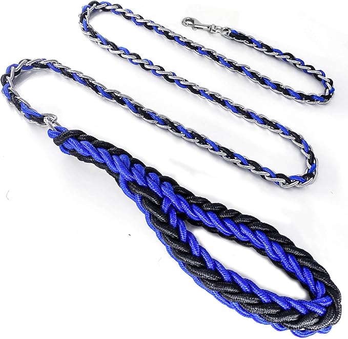 Dog Leash Rope Chain, Nylon Rope Metal Chain for Pet Leads. 6ft Heavy Duty Chew Proof Training Walking for Medium Large Dogs. (Medium, Blue&Black)