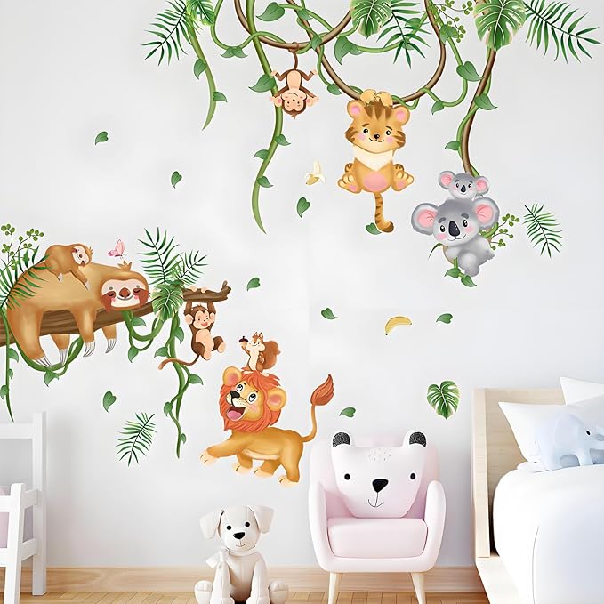 Jungle Animal Wall Stickers Sloth Koala Lion Tiger Safari Wall Decals Kid Room Nursery Baby Bedroom Décor